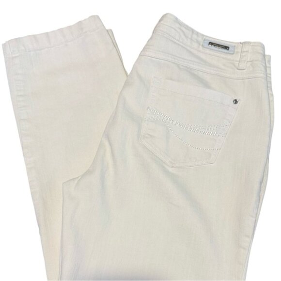 SIMON CHANG Straight Leg White Denim Jeans Embroidered Pockets Cigarette Pants - Picture 3 of 16